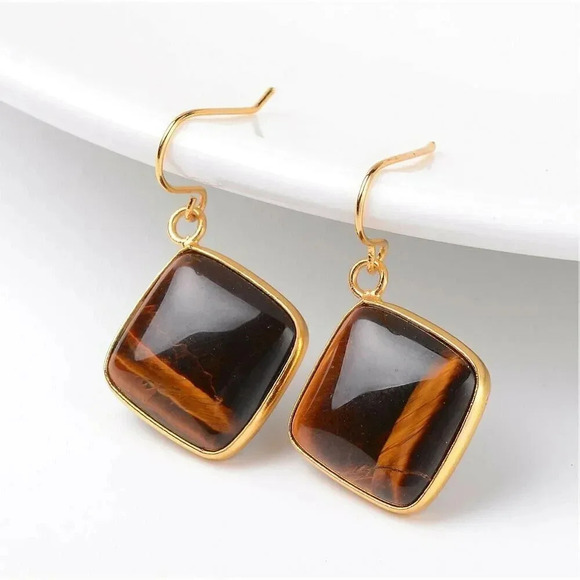 Puffed Diamond Shape Tiger Eye Gemstone Pendant Gold Plated Trim Earrings - Picture 1 of 2